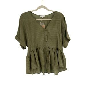 Blu Pepper Olive Green Textured Boho Peplum Blouse Women’s Size Small NEW